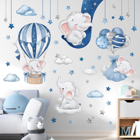 decalmile Blue Grey Sleeping Elephant Wall Decals Hot Air Balloon Moon Clouds Stars Wall Stickers Baby Nursery Kids
