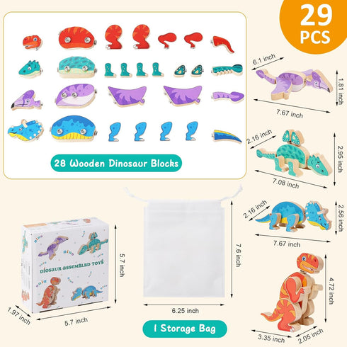 Playset 3 4 5 6 Wooden Dinosaur Blocks, Snap Together Building Toys, Dinosaur Take Apart Toy for Kids, Fine Motor Skill