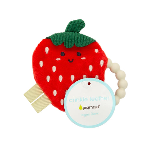 0+ Pearhead Strawberry Baby Teether Soft Plush Sensory Toy with BPA-Free Silicone Beaded Ring & Crinkle Sound, Soothes