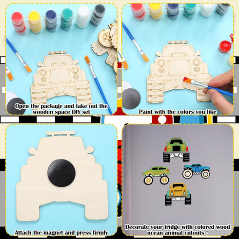 JellyArch 24 Set Pcs Monster Truck Party Favors Unfinished Wooden Truck Painting with Paints Magnets Car Party Favors
