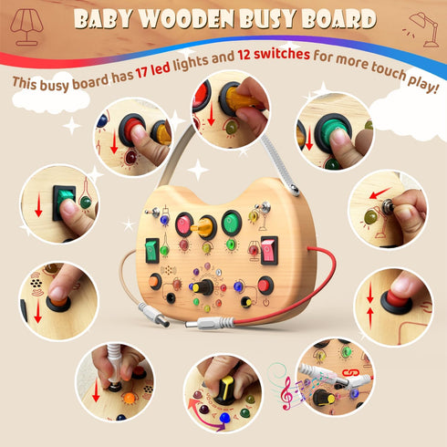 1-3 UdoUto Montessori Wooden Busy Board for Toddlers with LED Light Lights & Switches,Portable Activity Board for Car