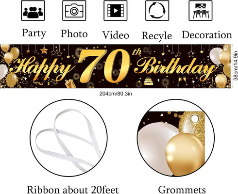 Happy 50th Birthday Banner - Durable Black & Gold Glitter Birthday Sign for Men Women 50th Birthday Party