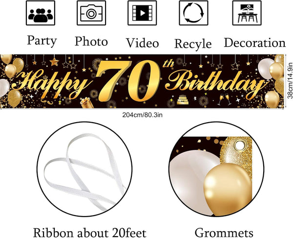 Happy 50th Birthday Banner - Durable Black & Gold Glitter Birthday Sign for Men Women 50th Birthday Party