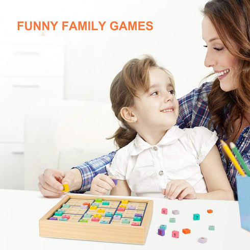 Wooden Sudoku Puzzles Board Game with Drawer, Colorful Math Brain Teaser Educational Desktop Game