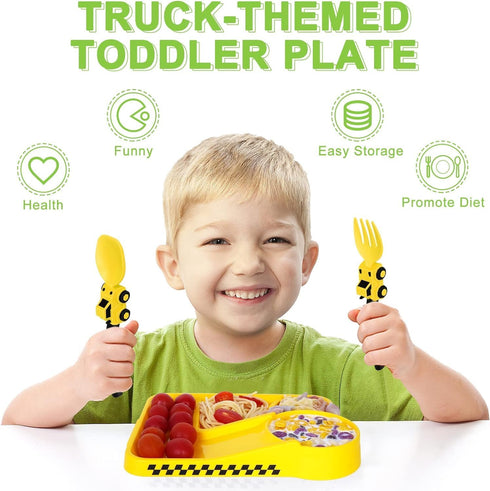 Construction Toddler Plates - Toddler Eating Utensil Set with Removable Straw, Baby Plates Feeding Set for Toddler