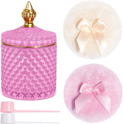MMRYLEPTY 5 Pcs Body Powder Puff Set, 21oz Pink Glass Powder Container with