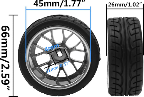 4Pack HIRCQOO 12mm Hex Plastic Wheel Rims & 2.59" Rubber Tires Set for Traxxas Kyosho HPI Tamiya TT-01 TT-02