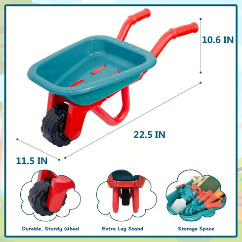 Set Wheelbarrow, Age3+ unanscre Gardening Tool for Kids, with Toddler Watering Can, Spray Bottle, Double Rake, Shovel