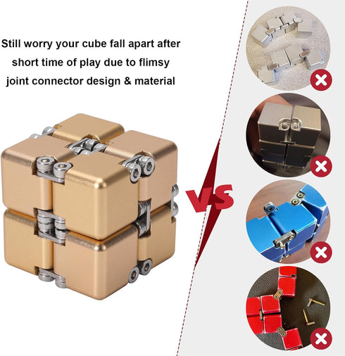 Aluminum Alloy Metal Infinity Cube Fidget Toy (Gold) - Handheld Desk Toy with Cool Case, 6 Colors, Relieve Stress