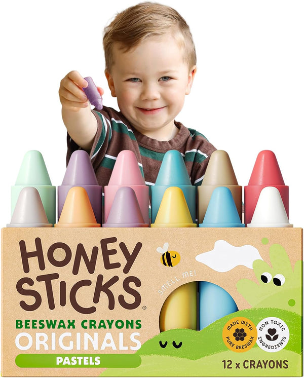 Honeysticks 100% Pure Beeswax Crayons (12 Pack) - Pastel Colored - Non
