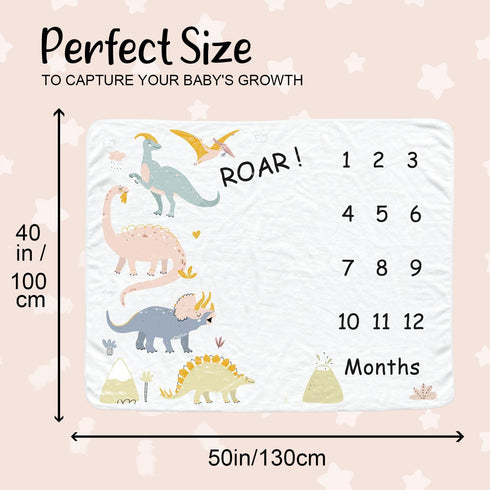 Dinosaur Baby Monthly Milestone Blanket for Boys, Soft Flannel Photography Background Prop, Personalized Shower Gift
