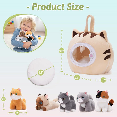 OUOZZZ Set 5 Playset Cat Stuffed Animal House Plush Kitten Toy with Soft Cats Interactive & Travel-Friendly Kitties