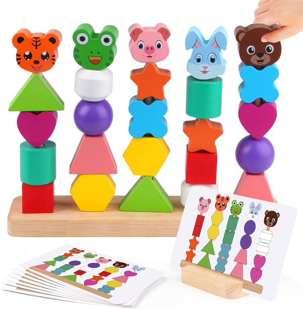 Animal Baby Toys for Boys Girls - Cute Wooden Bead Sequencing Set with Rabbit, Bear, Tiger, Pig, Frog for Early Learning