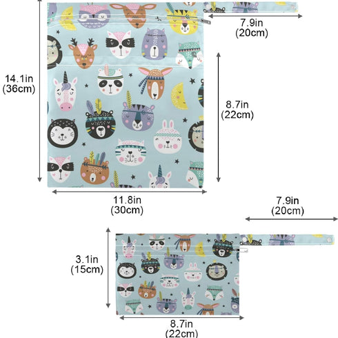visesunny 2Pcs Funny Bear Unicorn Animal Wet Bag with Zippered Pockets Washable Reusable Roomy