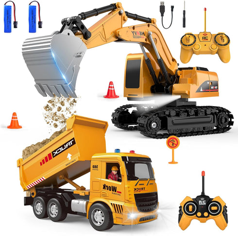 MQDMINI Remote Control Excavator and Dump Truck Toy Set - RC Construction Vehicles