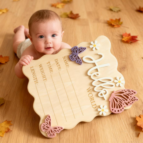 Wooden Birth Announcement Sign - Butterfly Daisy Hello World Newborn Baby Name Birth Stats Board, Floral Nursery Decor
