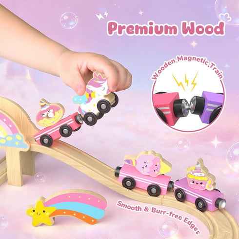 Set 2-4 38 3-5 Unicorn Wooden Train for Toddler Girls Ages Magical Fairy Pcs Toddler Girl Toys with Railway Track