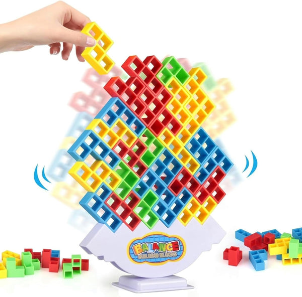 64 Pcs Stacking Tower Game with 22 Cards, Giant Tumble Balance Game