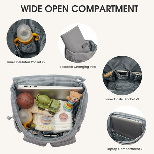 G4Free Backpack Diaper Bag for Moms Dads Travel Baby Bag with Pacifier Case & Insulated Pockets,Grey
