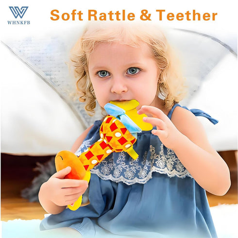 WHNKFB 0-12 Baby Teether Rattle Toy - Soft Giraffe Plush with Crinkle Squeaky Sound, Sensory Shaker for Newborns