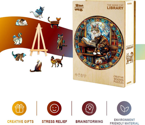 13.4 13.4in 300pcs Wooden Puzzles for Adults - Challenging Maine Cat Library Adult Puzzle, Unique Animal Shaped Wooden