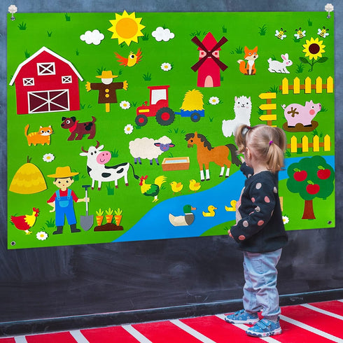 OKGIUGN 61 Pcs Farm Animals Story Felt Board, 3.6 Ft Farmhouse Themed Play Mat Wall Hanging Kit for Toddlers