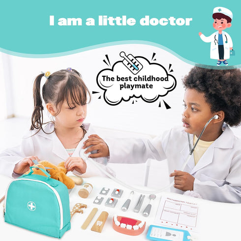 Set, 25Pcs 3-8 Doctor Kit for Kids, Dentist Pretend Play Educational Doctor Toy Wooden Medical Kit with Stethoscope