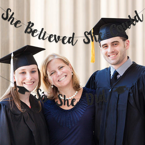 Black Glitter She Believed She Could So She Did Banner, Girls 2025 Graduation Banner for College Party Decorations