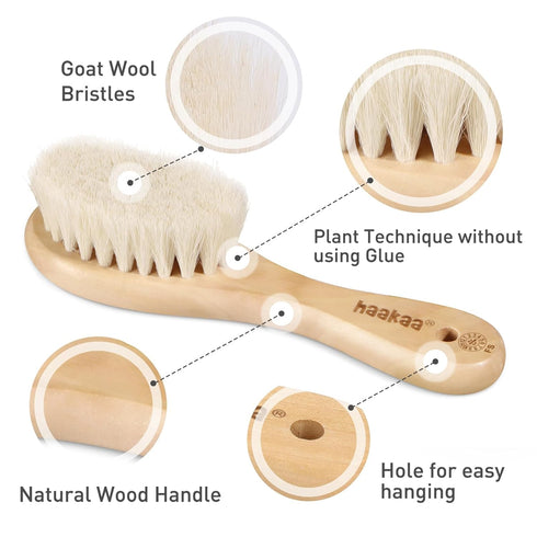 haakaa Wooden Baby Brush for Newborns and Toddlers, Natural Soft Goat Bristles, Ideal for Cradle Cap, 1PC with Carry