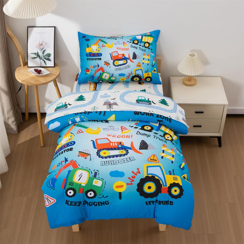 4 Set NTBED Pieces Construction Truck Toddler Bedding for Baby Boys, Cartoon Vehicles Excavator Cars Printed, Includes