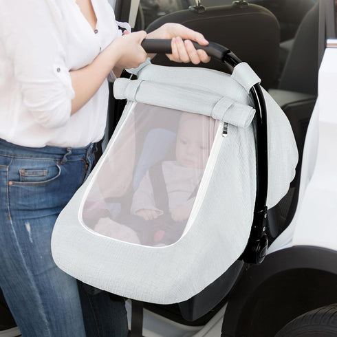 Summer Muslin Car Seat Covers for Babies, Baby Car Seat Cover for Boys Girls with Breathable Window, Lightweight Infant