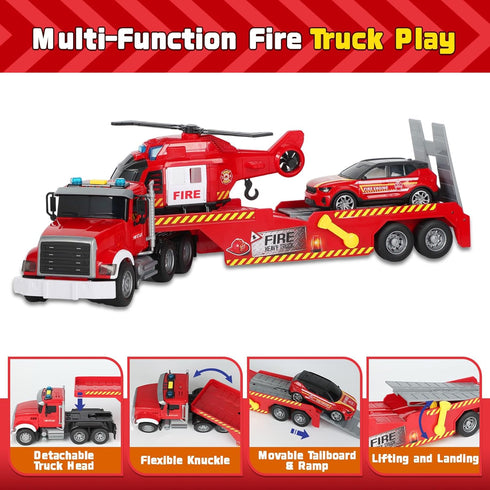 3 4 5 6+ Fire Rescue Semi Trailer Truck Toy, Large Flatbed Truck Carrier with Rescue Vehicle and Helicopter, Lights