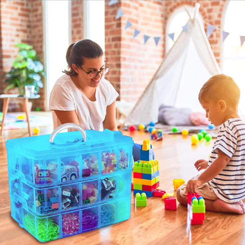 Storage Box for Lego, Stackable Storage Organizer with 30 Compartments for Lego, Storage for Barbie Dolls, for Hot Wheel Toy Bins for kids organizer, Clear Toy Storage Bin(Blue) by WSBXBB
