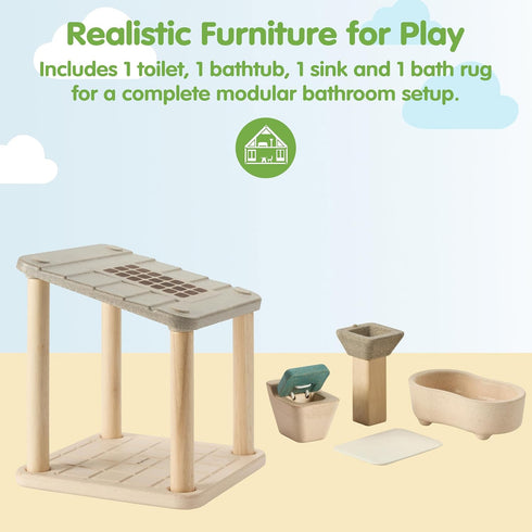 Set Set PlanToys Wooden Dollhouse Bathroom Room | Bath, Toilet, Sink & Accessories Furniture | Open Ended Role Play
