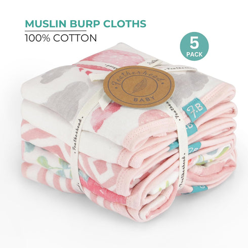5-Pack 22" 11" Featherhead Muslin Burp Cloths for Baby Girl Large X - Ultra Soft & Extra Absorbent Cotton Terry Backing