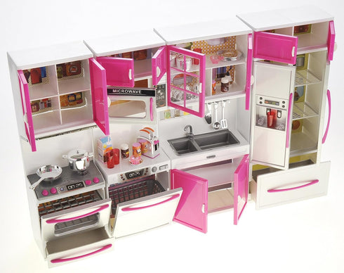 Set, Set Set (4-in-1) PowerTRC Doll Kitchen Play Mini Modern Toy Kitchen Pretend Play Furnitures Toy Accessories