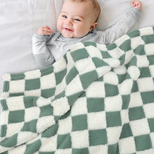 HOMRITAR Checkered Baby Blanket for Boys Sage Green Soft Fluffy Fuzzy Blankets with 3D Chessboard Grid, Warmer Comfort Reversible Lightweight Bed Blanket for Toddlers Infant or Newborn 30 x 40 Inch by HOMRITAR