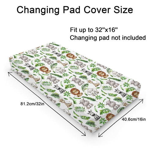 Baby Safari Animals Tropical Leaves Changing Pad Covers Lion Elephant Giraffe Zebra Hippo Diaper Change Table Pad Covers for Girl Boy Soft Breathable Stretch Changing Mat Sheets 32''x16''
