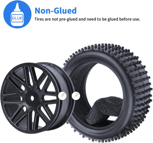 Hobbypark (4-Pack) 1/10 Scale Off Road Buggy Tires & Wheel Rims Set Front and Rear 12mm Hex Hubs with Foam Inserts for RC Hobby Car