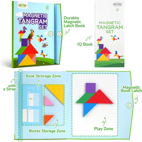 BenBen Travel Tangram Puzzle with Magnetic Wooden Shapes, Extra Large Dual-Sided Magnet Surface, Color Pattern IQ Book