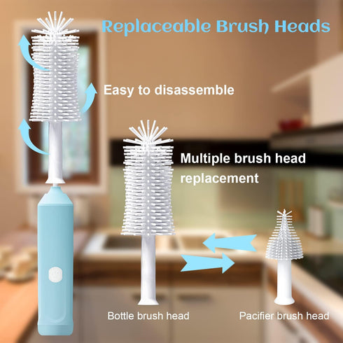 Electric Baby Bottle Brush Cleaner - Rechargeable Silicone Brushes Set with Replaceable Brush Head
