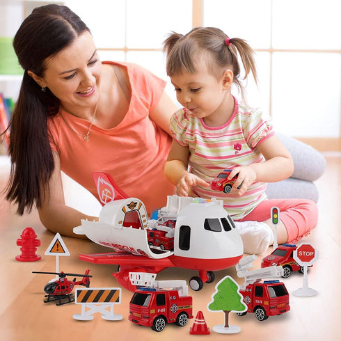 Set 3 4 5 6 Dwi Dowellin Airplane Toys with Fire Truck Cars Toy and Play Mat,Plane with Light Up and Sounds,Birthday