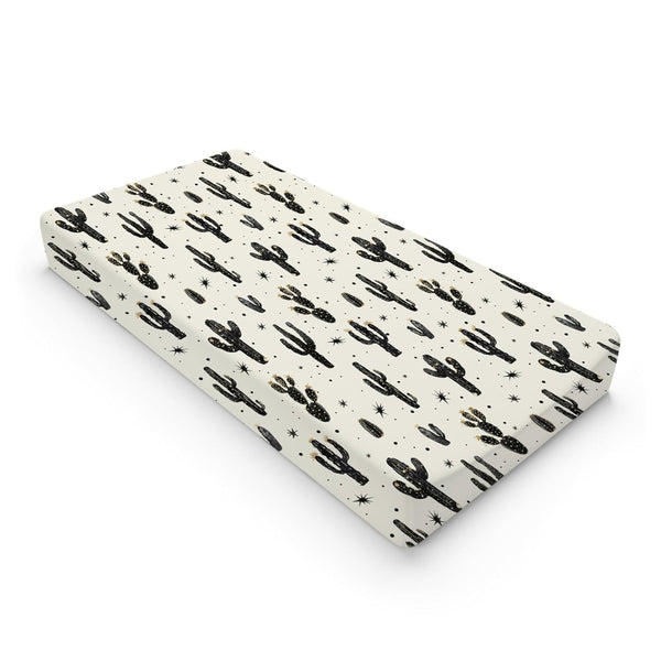 Boho Cactus Changing Pad Covers, Retro Black Golden Cactus Baby Changing Pad Sheets for Diaper Changing