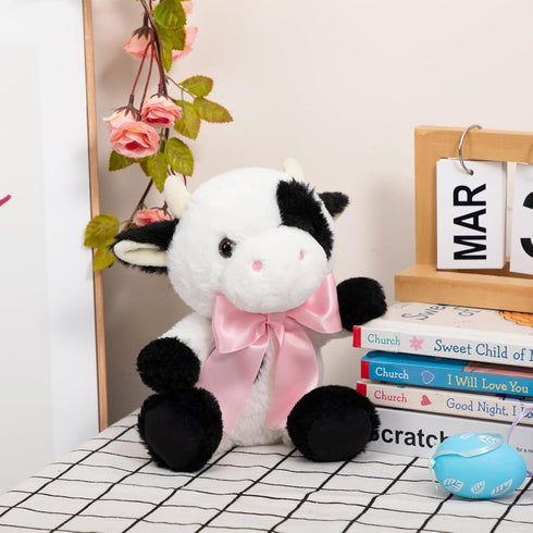 10'' Cow Stuffed Animal Baby Cow Plush with Big Bow Tie Cute Plush Toy Gift for Kids