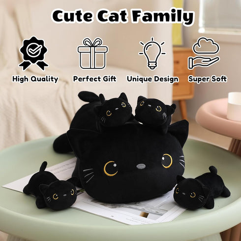 Mommy 4 Tummy, SQEQE Black Cat Stuffed Animal with Babies Cat in her Cute Black Cat Plush Toys for Kids, Gifts Ideal