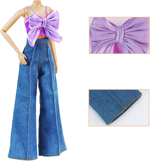 2 Sets Set 11.5 Inch E-TING Doll's Dream Outfits: Shiny Glitzy Gala Purple Dress and Bell-Bottom Jeans for Girl Doll