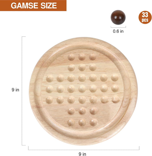 Solid Wooden Solitaire Game, Classic Handcrafted Rubber Wood Board Game Toy with 33 Smooth Wooden Balls, Strategic Mind