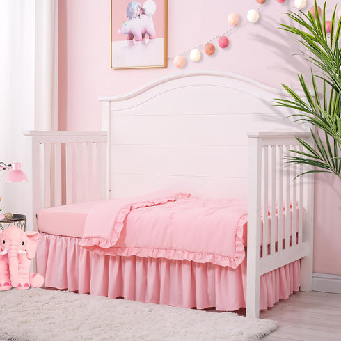 3 Set Set Cloele Pieces Crib Bedding for Girls- Solid Ruffle Quilted Includes Comforter Fitted Sheet Crib Skirt,Cute