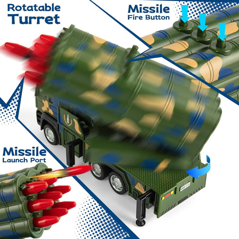 Youlechen 9 3 4 5 6 Army Truck Toy, Military Vehicle Toy with Missile Launcher Alloy Cab, Die-cast Army Toy with Lights