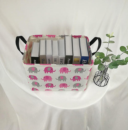 Elephant Print Rectangular Storage Bin, Canvas Fabric Toy Box, Waterproof Coating Nursery Hamper with Handles, Gift